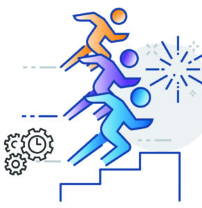 Drawing of people racing up steps representing playing schedule chicken