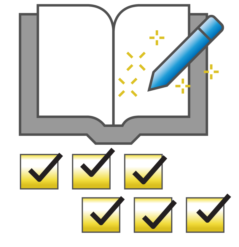 Drawing of book with check boxes checked off, representing Quick and Easy Doc Specifications